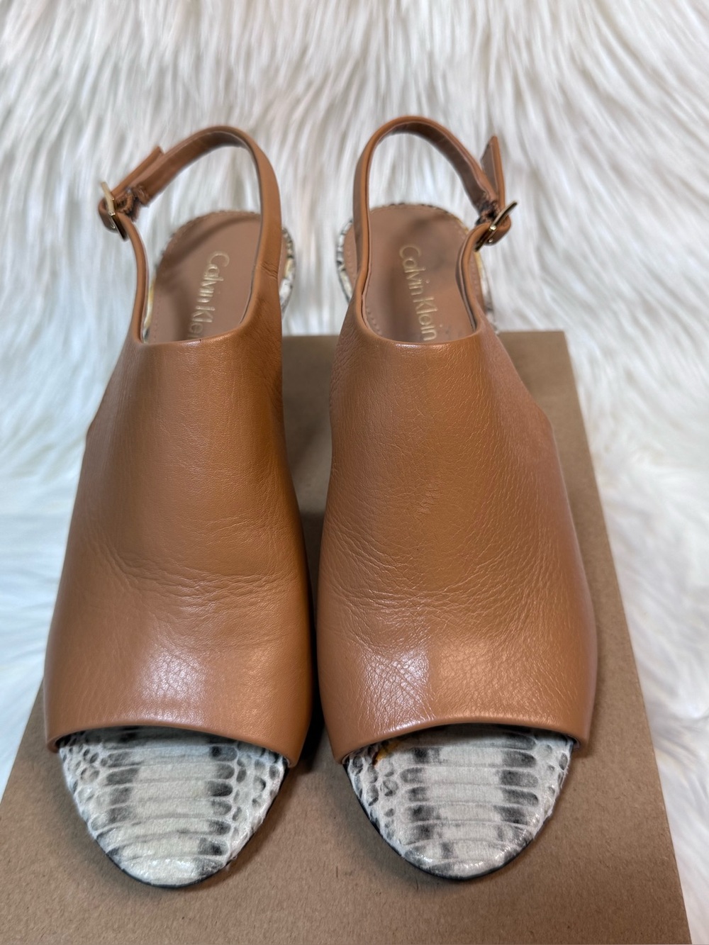 Calvin Klein Tan Leather Open-Toe Slingback Mules with Snakeskin Accent